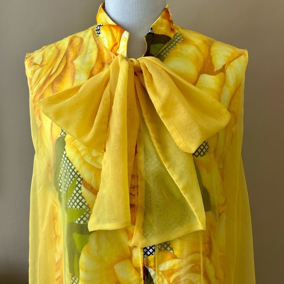 Vintage 1960s Alice Polynesian Chiffon Maxi Dress Hawaiian Yellow Floral Muumuu - Picture 4 of 16